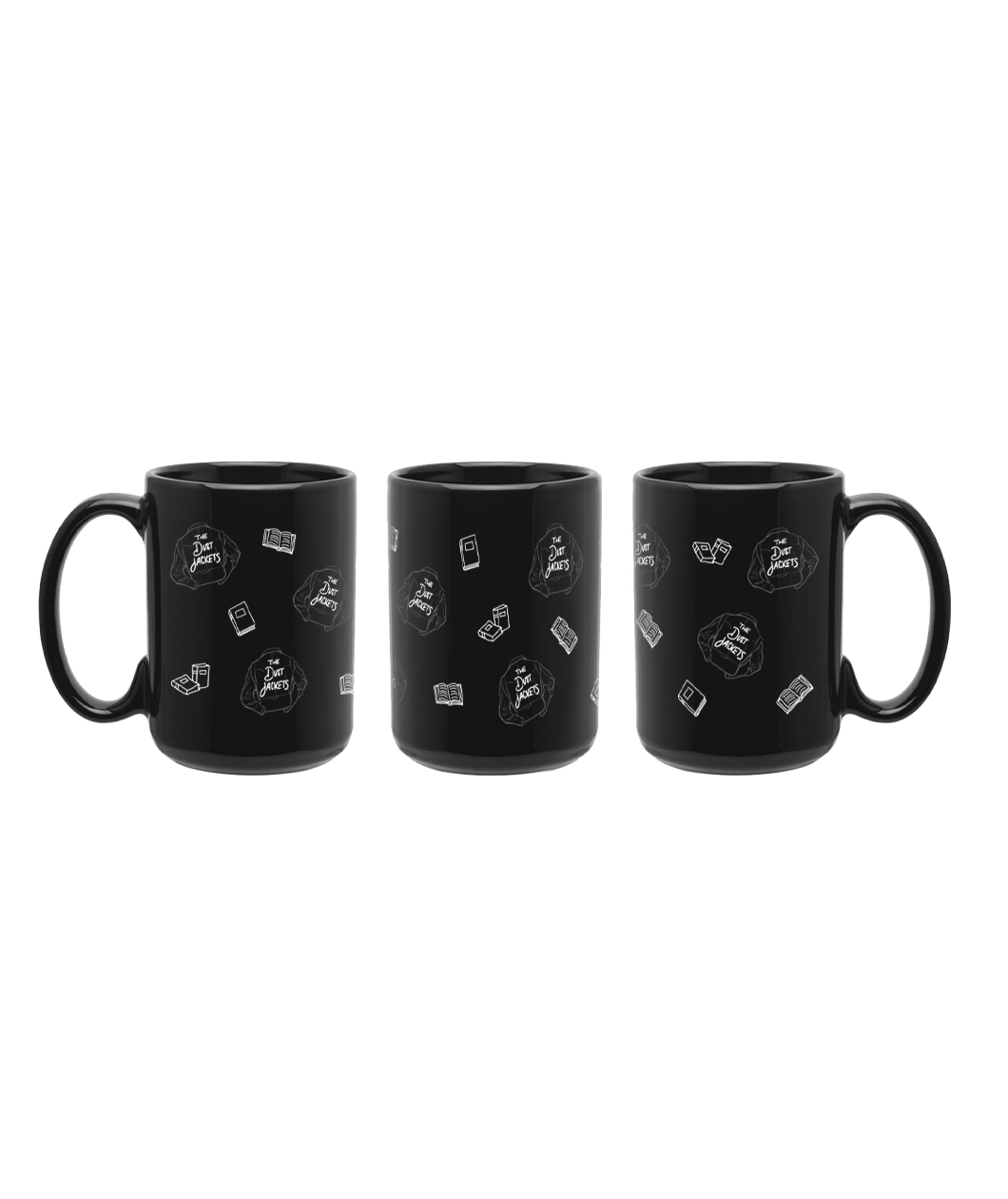 A mug turned three different ways showing repeating pattern of two closed books, one laying down and one standing up, a single closed book, an open book, and a black jacket with “The Dust Jackets” in cursive font on the jacket against a black mug - from Books Unbound