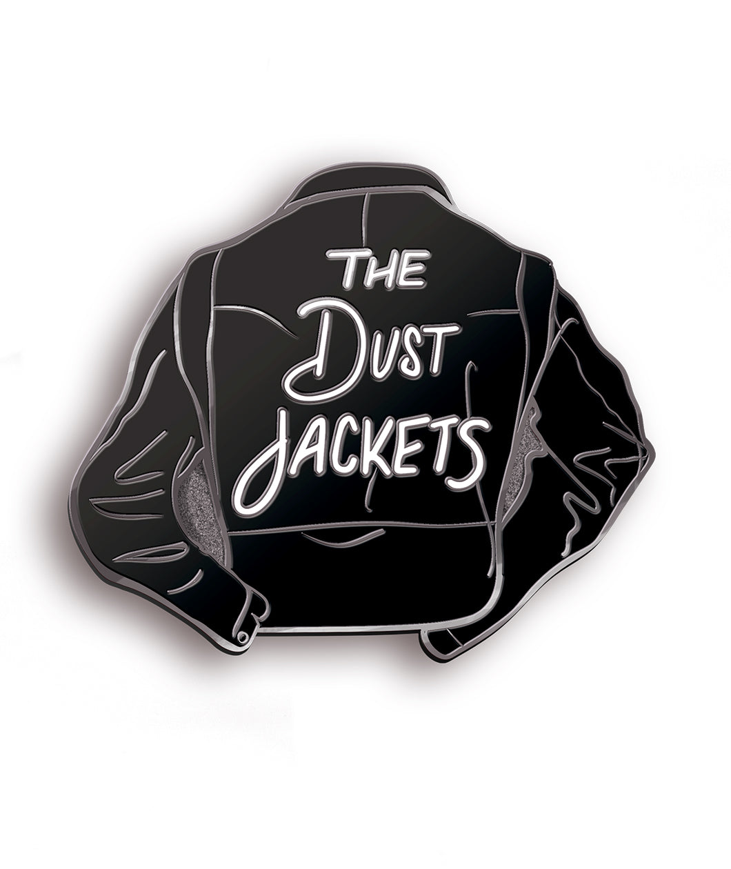 A black leather jacket with “The Dust Jackets” in a white sans serif font on the back of the jacket - from Books Unbound
