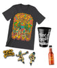 A photo of the shirt, pin set, hot sauce and stadium cup that are part of the bundle for the First of October 2023 from Rob Scallon and Andrew Huang.  