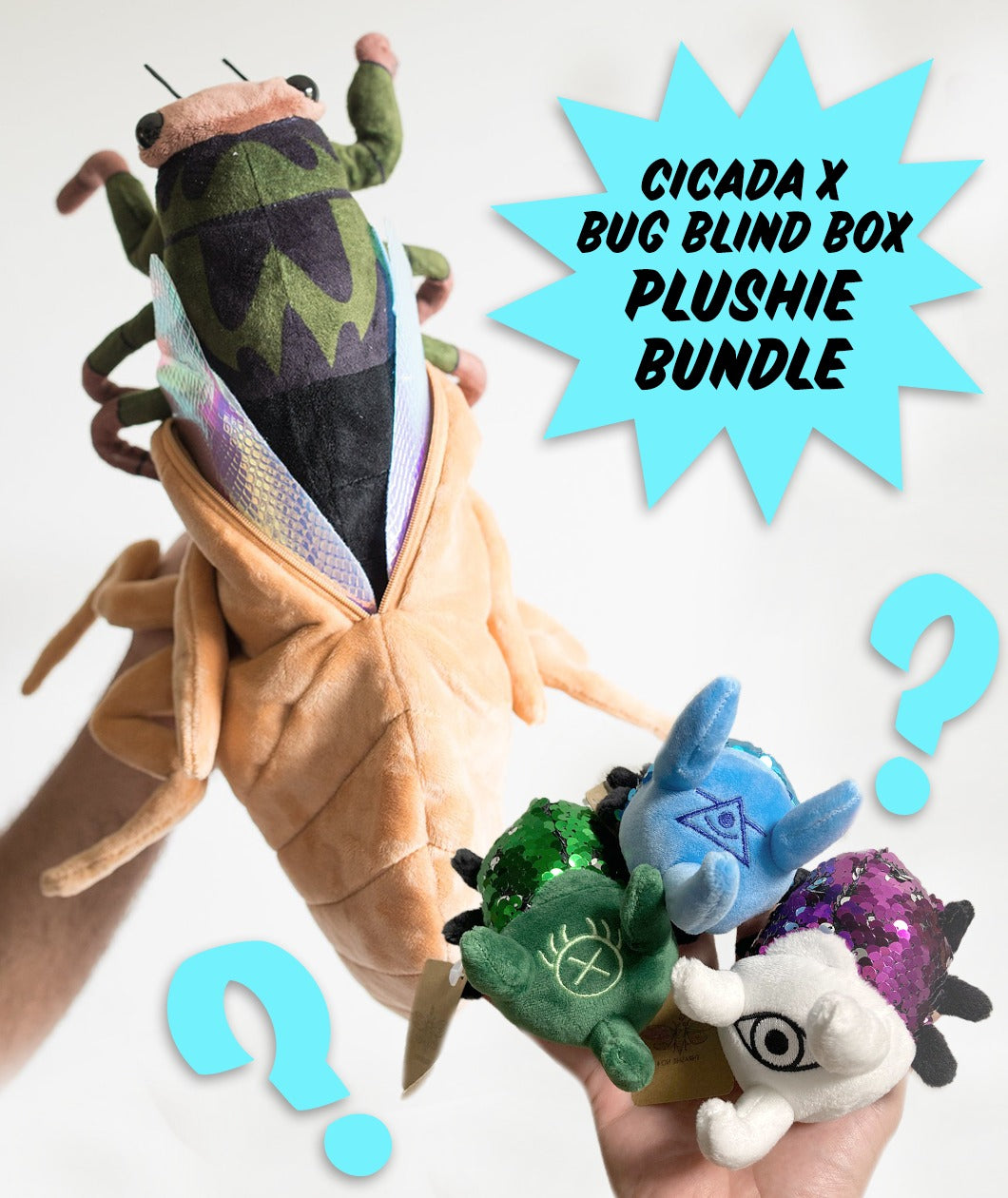 Cicada plushie and three small bug plushies in green, blue and purple with sequins