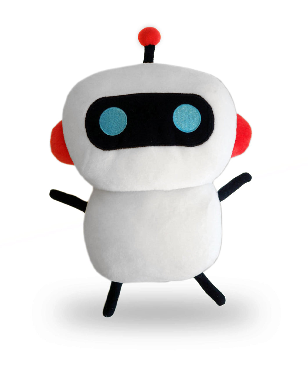 A white robot plushie with thin black arms and legs, red ears, a black antena with a red ball on top, and blue circular eyes surrounded by a large black oval - from CGP Grey.