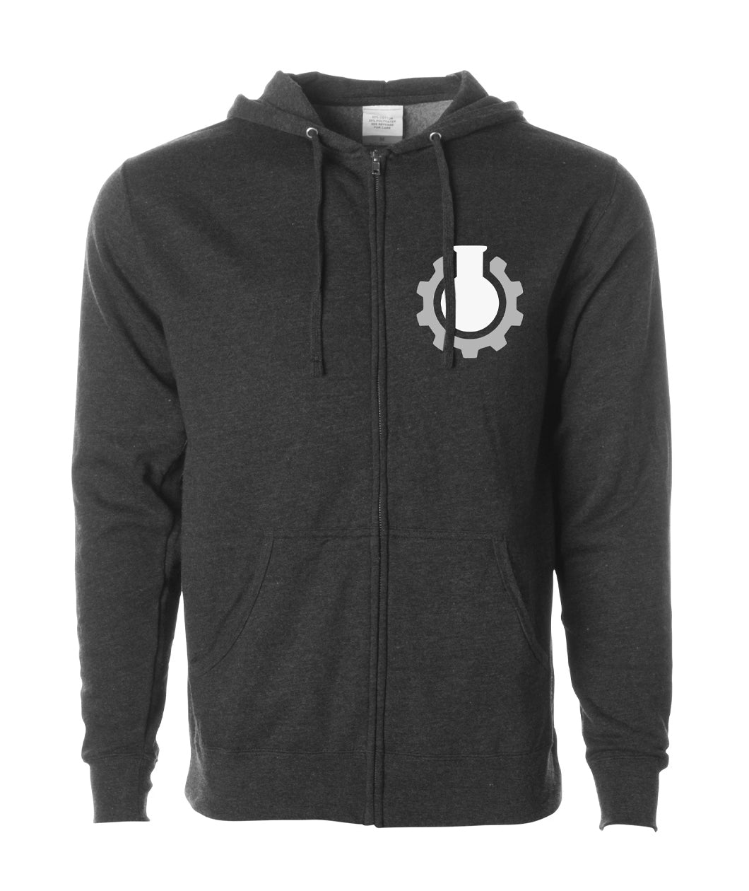 A grey zip up hoodie with a white beaker surrounded by a grey gear in the top left of the hoodie - from CGP Grey.