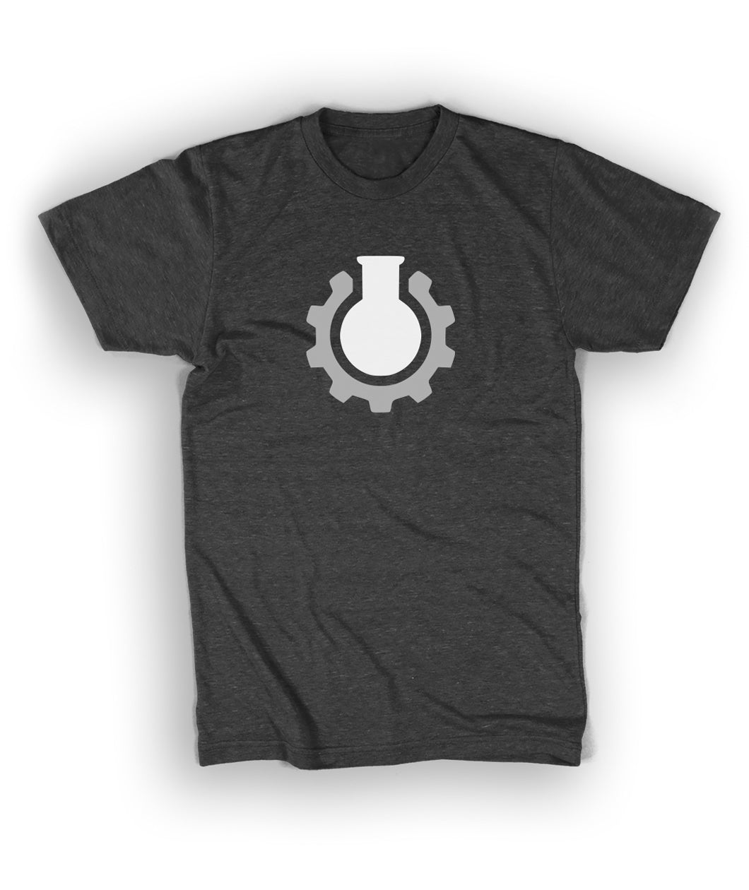 A grey t-shirt with a white beaker surrounded by a grey gear in the center of the shirt - from CGP Grey.