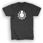 A grey t-shirt with a white beaker surrounded by a grey gear in the center of the shirt - from CGP Grey.