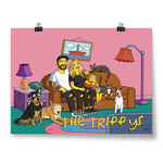 A poster of 2 adults, 1 child, 3 dogs, and 2 cats sitting in a living room drawn in the style of The Simpsons - by Charles Trippy