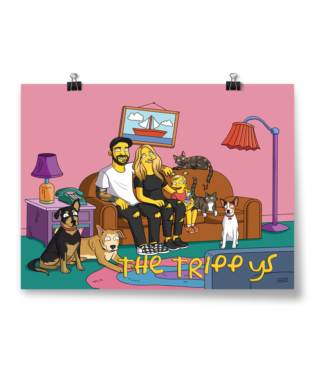 A poster of 2 adults, 1 child, 3 dogs, and 2 cats sitting in a living room drawn in the style of The Simpsons - by Charles Trippy