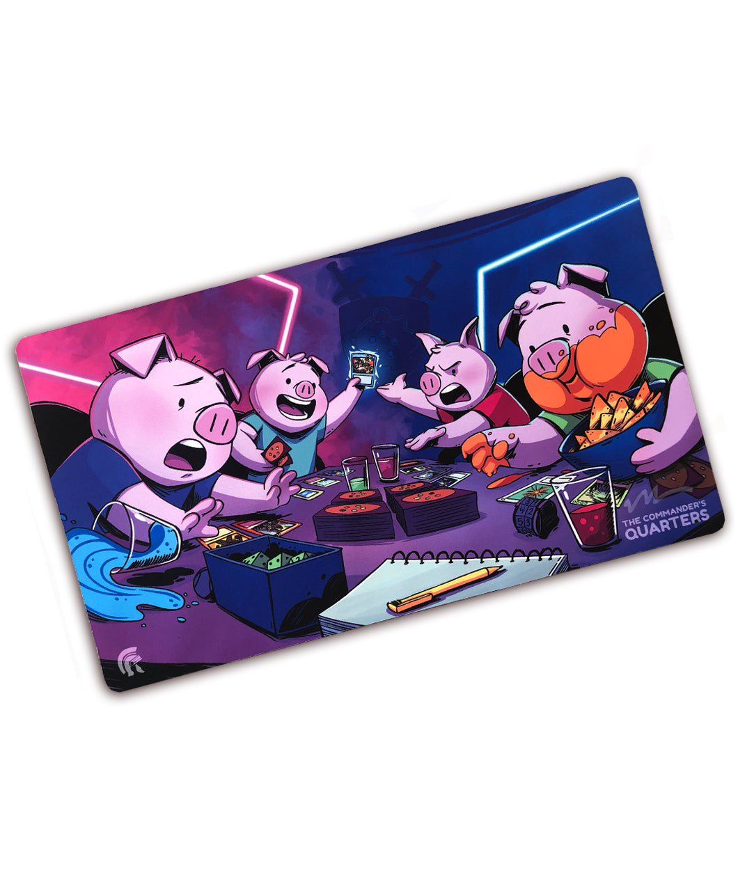 A rectangular playmat with curved edges. An image on the playmat shows four anthropomorphized pigs playing cards, each with a different exaggerated expression. The table is cluttered and the background has neon lights. “The Commander’s Quarters” is in the bottom right in gray sans serif font - from the Commander’s Quarters