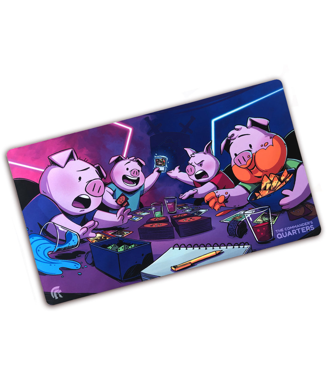 A rectangular playmat with curved edges. An image on the playmat shows four anthropomorphized pigs playing cards, each with a different exaggerated expression. The table is cluttered and the background has neon lights. “The Commander’s Quarters” is in the bottom right in gray sans serif font - from the Commander’s Quarters