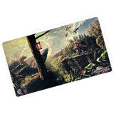 A rectangular playmat with curved edges. The playmat shows a an image of varying creatures standing on the edge of a ravine in front of a forest. A tree with a red lantern is in the foreground with a castle in the background. Three winged creatures fly above - from the Commander’s Quarters