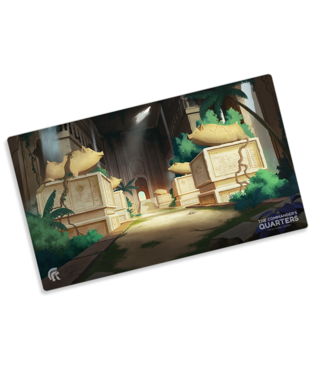 A rectangular playmat with curved edges showing an image of a grand hall with five visible gold pigs on pedestals. Vegetation grows throughout the old hall showing its age with a hole in the ceiling. “The Commander’s Quarters” is in gray sans serif font - from the Commander’s Quarters