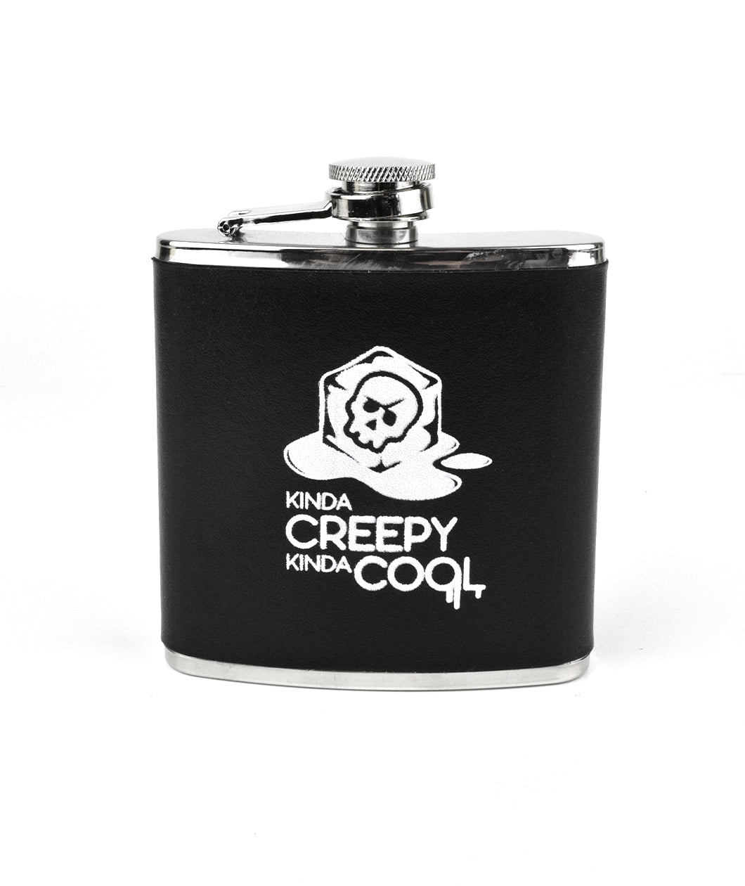 A silver flask with a black grip. On the grip, a logo of a melting ice crube with black highlights and a black vector drawn skull inside of the ice cube. Below, “Kinda Creepy Kinda Cool” is in white sans serif font in varying sizes. “Cool” has lines dripping from the last two letters of the word - from Spirits