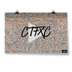 Poster that says "CTFXC" in black over a transparent play symbol on a background of thousands of tiny photos - by Charles Trippy