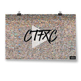 Poster that says "CTFXC" in black over a transparent play symbol on a background of thousands of tiny photos - by Charles Trippy