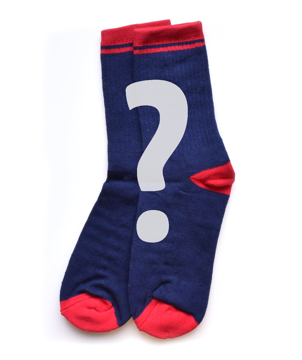 A pair of dark blue crew socks with a red toe, heel and band at the top. There is a grey question mark overplayed on top of them. 