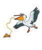 A pin shaped link a pelican wearing glasses (meant to look like Hank Green) with a golden chain attached to its lower bill that connects to a slice of pizza with "dftba" written on it. 