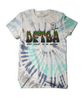 Tie dye shirt in a spiral with shades of blue with "DFTBA; Don't Forget to be Awesome" written in brown font. There is grass coming off of the top of DFTBA, daisy coming out of the A and a worm nestled in the F.  