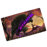 A rectangular mousepad-like mat. On it is a giant green, spiky monster with more than 2 eyes looming menacingly over a human-like fighter holding a sword, both in a desolate looking landscape. From the sword comes a purple and black swoosh that runs through the monster. In the swoosh is the purple text “DIES TO REMOVAL.”