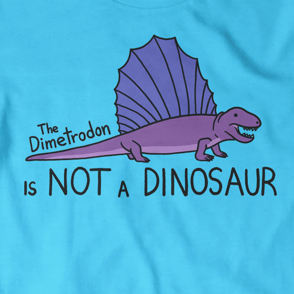 A bright blue shirt with a cartoon drawn dimetrodon with a purple fin and purple body. “The dimetrodon” is in black sans serif font above the tail. Below, “Is not a dinosaur” is in varied sizes in black sans serif font - from Minute Earth