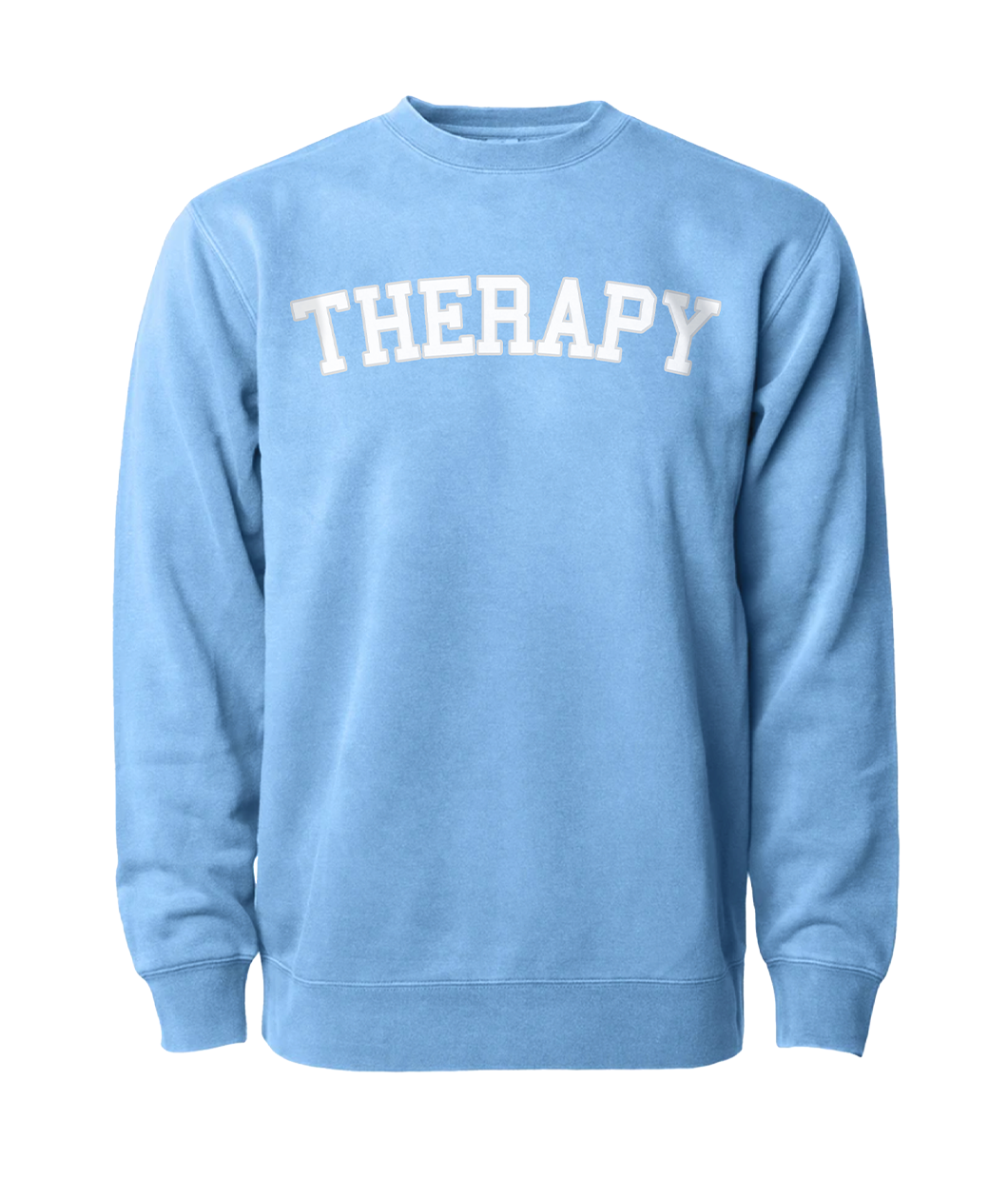 Light blue crewneck sweater with “Therapy” in white with a gray outline arched across the chest - from Don’t Blame Me