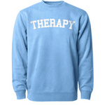 Light blue crewneck sweater with “Therapy” in white with a gray outline arched across the chest - from Don’t Blame Me