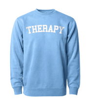 Light blue crewneck sweater with “Therapy” in white with a gray outline arched across the chest - from Don’t Blame Me