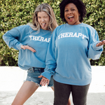 Meghan Rienks and Melisa Monts modeling a light blue crewneck sweater with “Therapy” in white with a gray outline arched across the chest - from Don’t Blame Me