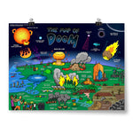 A cartoon drawing of the earth from above being destroyed by various explosions and natural disasters - by Domain of Science.