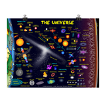 A horizontal purple poster to represent the space and stars with illustrations of planets and other astronomical graphics.