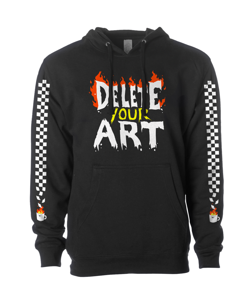 Black hoodie with "Delete Your Art" written across the front. Flames are coming out the top of the word "Delete". A checkered white pattern goes down the length of each sleeve with a flaming mug with the Drawfee logo at the bottom of each sleeve.  