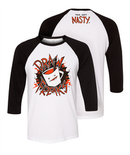 A black and white baseball tee that has the Drawfee logo on the front and the words "Draw Freaks". On the back, at the top of the shirt it says "This guy? Nasty.".