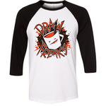 The front of a black and white baseball tee that has the Drawfee logo and the words "Draw Freaks". 