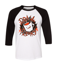 The front of a black and white baseball tee that has the Drawfee logo and the words "Draw Freaks". 