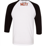 The back of the Drawfreaks baseball tee at the top of the shirt, says "This guy? Nasty.".