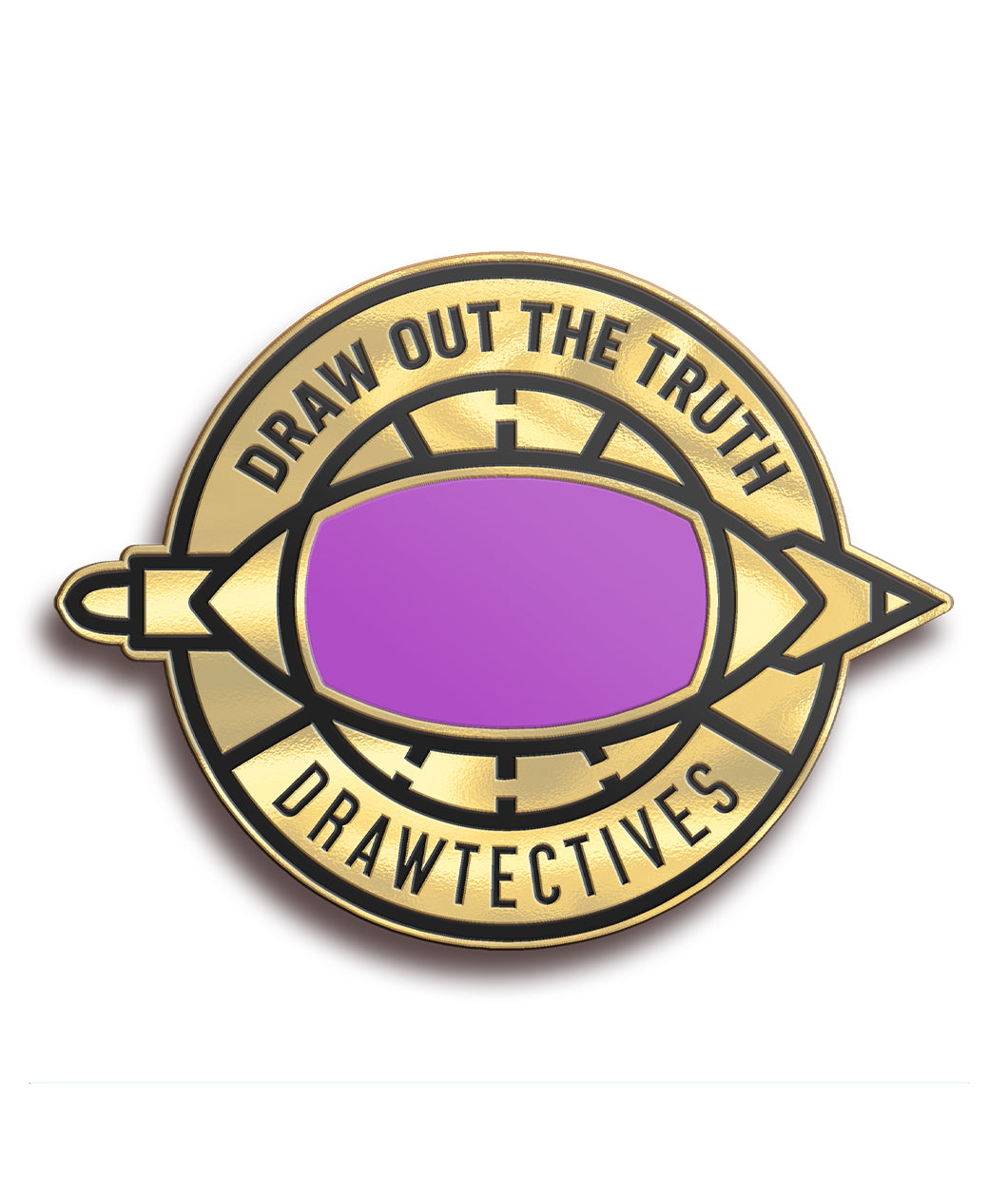 A gold circular pin with the words "Draw Out the Truth" across the top and "Drawtectives" along the bottom. There is a purple section in the middle. From Drawfee. 