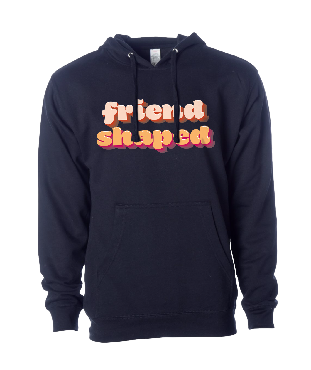 A navy hoodie with the word "Friend" above the word "Shaped" written across the front in colorful, shadowed font. From Drawfee. 