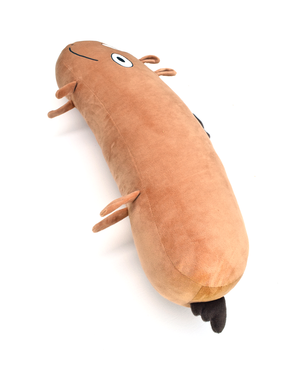 The Jacob Horse plushie is an oblong light brown horse with a crooked smile and eyes on one side of its body. It has little legs, ears and a mane and tail. 