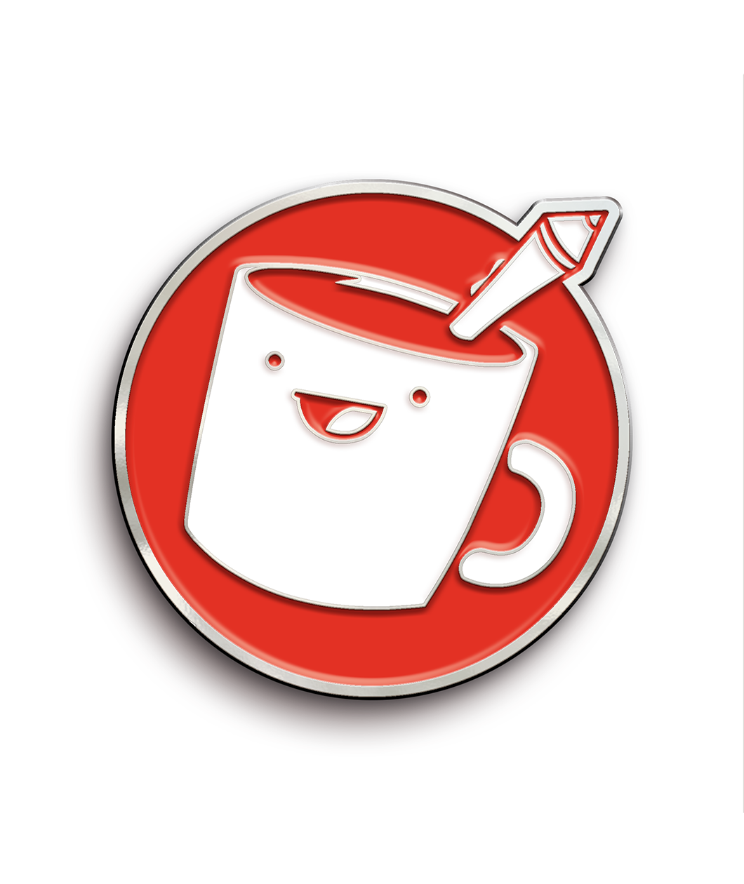 A circular red Drawfee logo pin with a white mug in the center with an open smily face and a pencil coming out the top of the mug.