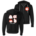 A black zip-up hoodie with the Drawfee logo on the left breast pocket area. On the back are four different Drawfee icons with the text "we're sorry!". 