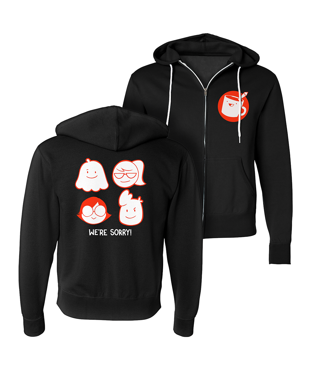 A black zip-up hoodie with the Drawfee logo on the left breast pocket area. On the back are four different Drawfee icons with the text 