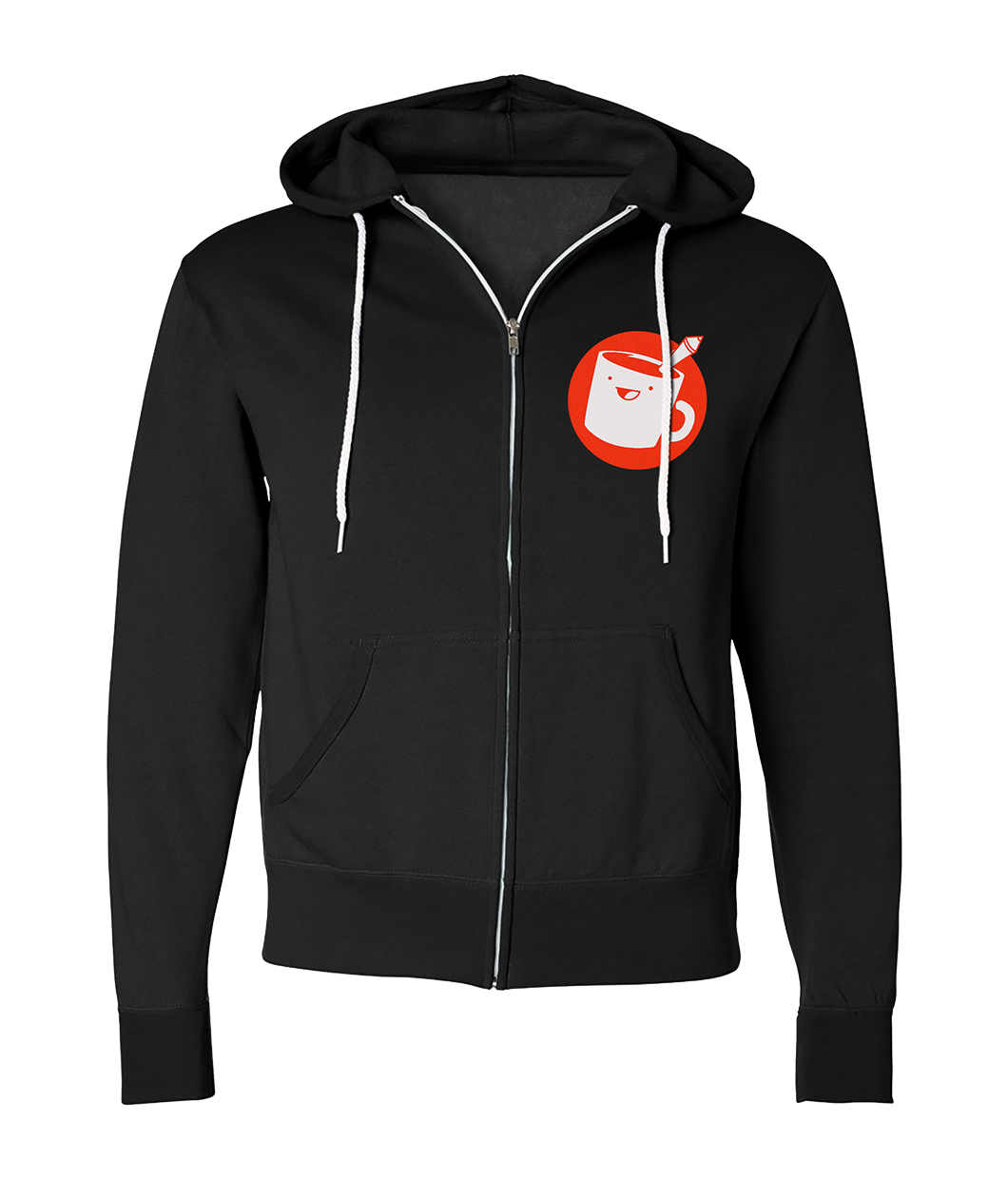 The front view of a black zip-up hoodie with the Drawfee logo on the left breast pocket area.