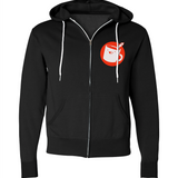 The front view of a black zip-up hoodie with the Drawfee logo on the left breast pocket area.