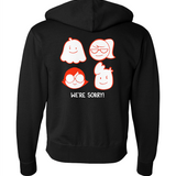 The back view of a black zip-up hoodie with four different Drawfee icons with the text "we're sorry!". 