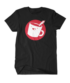 A black t-shirt with the red and white Drawfee logo of a mug with a pencil coming out of it.