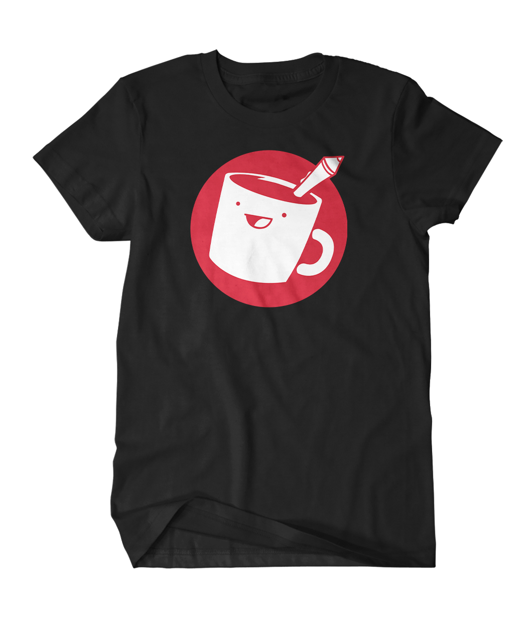 A black t-shirt with the red and white Drawfee logo of a mug with a pencil coming out of it. 