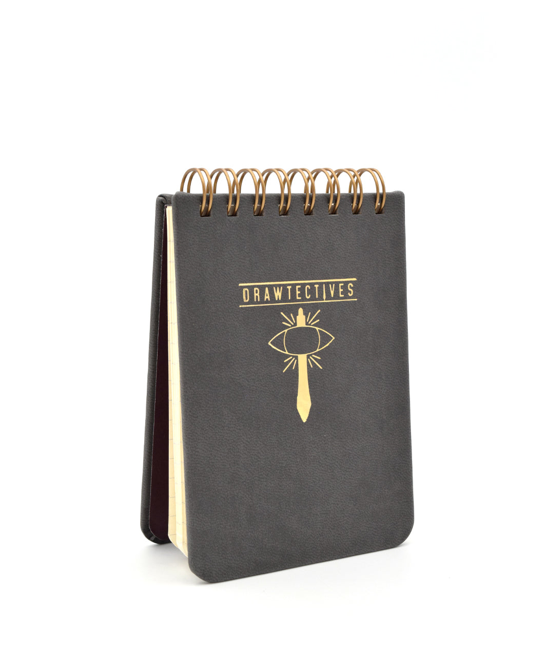 A small black notepad with gold spirals and the word "drawtectives" with a drawing of a sword and eye in gold in the center - by Drawfee