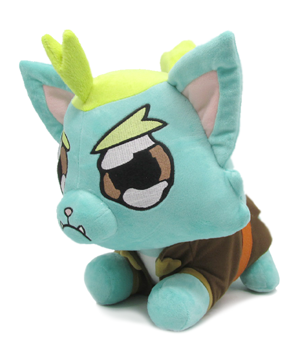 A teal plushie shaped like a dog type creature with a frowny face. Represents P'Boy from Drawfee. 