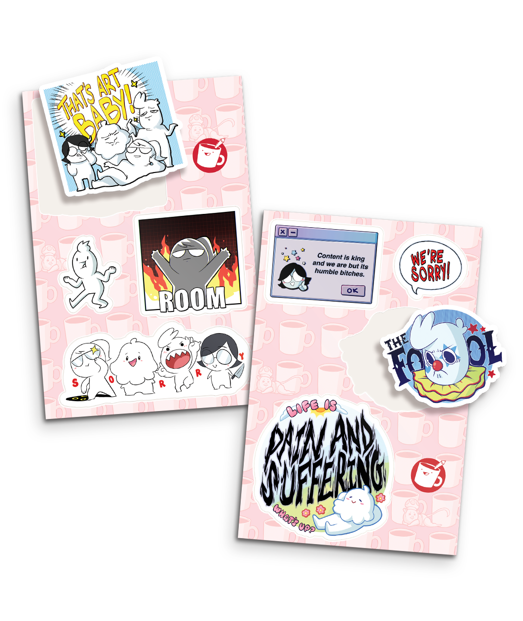 Two sheets with 4 stickers on a pink background with white coffee mugs - by Drawfee