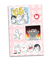 One sticker sheet with 4 stickers. The top left sticker says "that's art baby!" and has 4 humanoid blob characters. Middle left is one of the characters gesturing and middle right is one of the characters in front of a fire with the word "room." On the bottom is all 4 characters in between the letters of the word "sorry"- by Drawfee