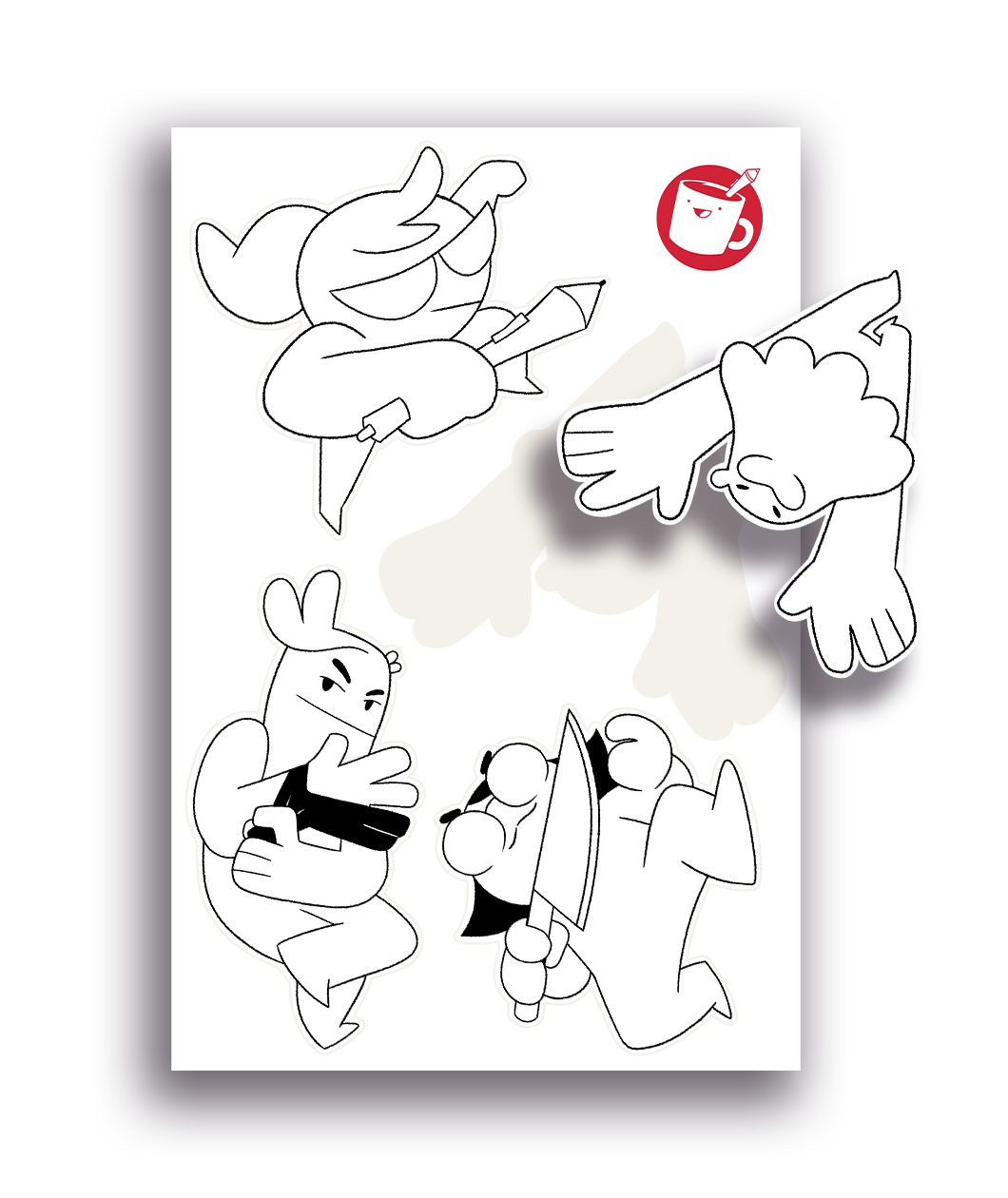 A sticker sheet with the Drawfee logo in the top right. There are four sticker of people and creatures in black and white doodle form. 