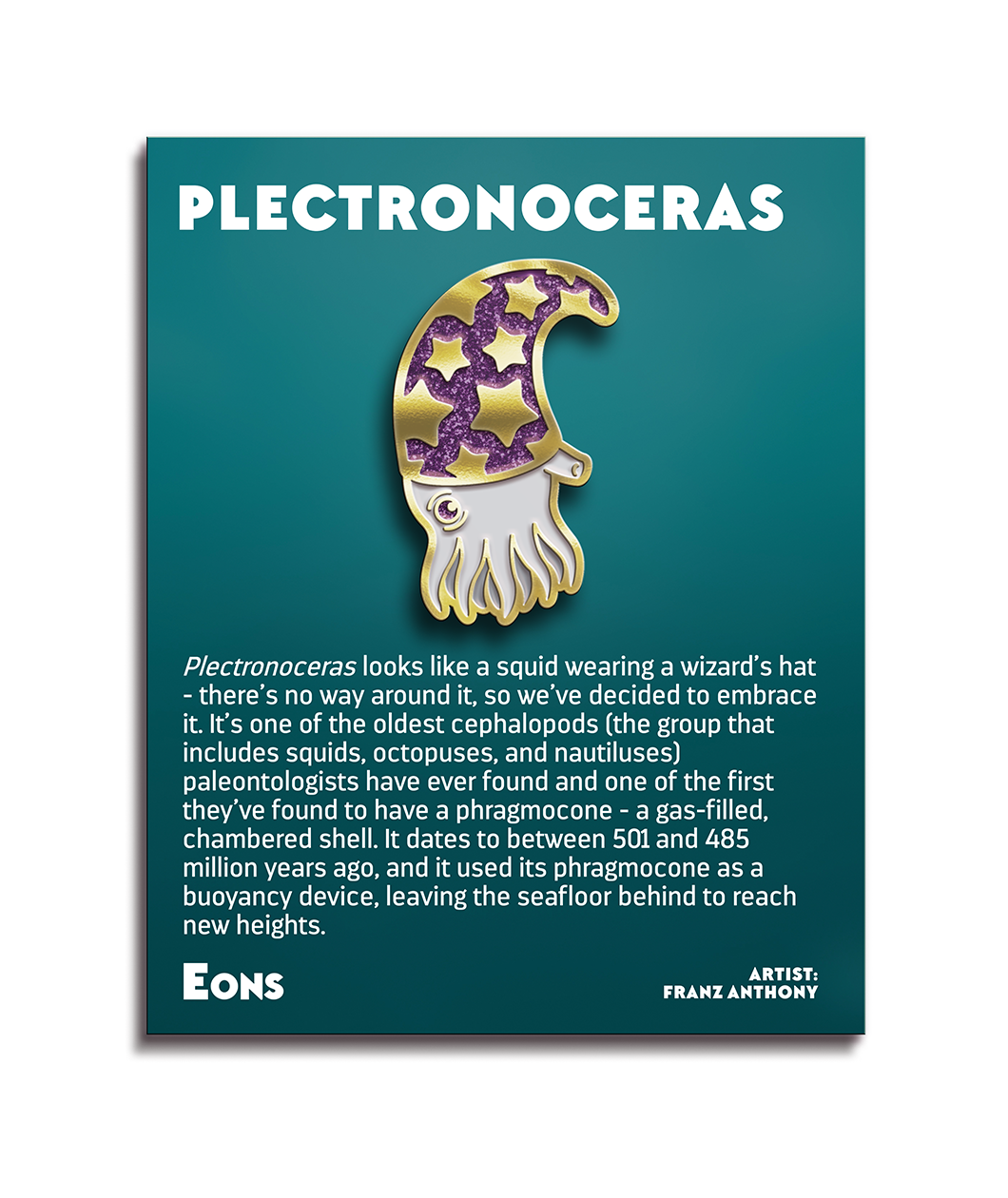 Cartoon representation of yellow plectronoceras with a gold outline wearing a purple wizard hat with gold stars. Pin is attached to blue information card about the plectronoceras - from Eons